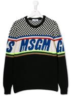 Msgm Kids Teen Striped And Check Logo Sweater - Black