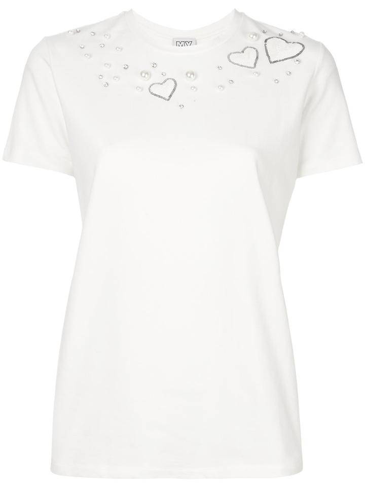 Twin-set - Heart And Faux Pearl Embellished T-shirt - Women - Cotton/polyester/spandex/elastane - S, White, Cotton/polyester/spandex/elastane