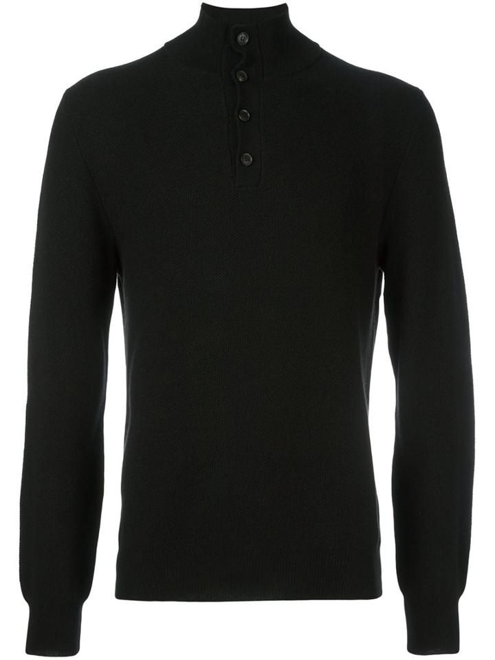 Brioni Buttoned High Neck Pullover, Men's, Size: 52, Black, Cashmere