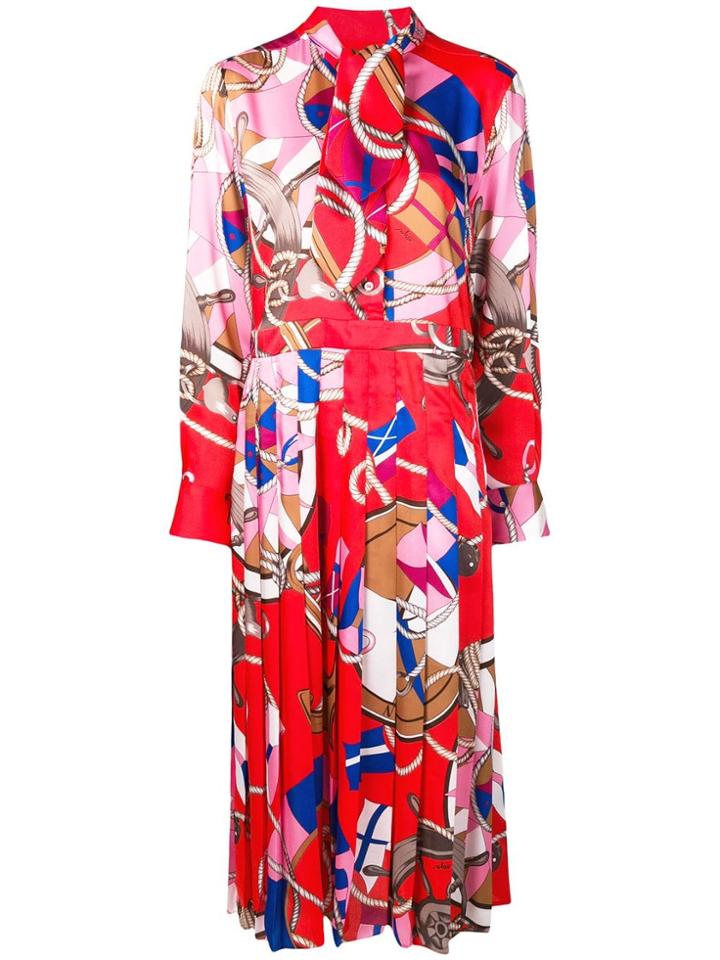 Msgm Scarf Print Pleated Pussy Bow Dress - Red