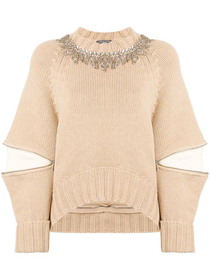 Alexander Mcqueen Zipped Elbows Embellished Jumper - Neutrals
