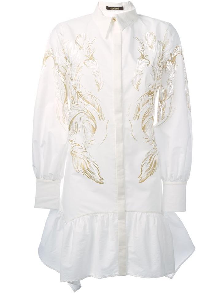 Roberto Cavalli Feather Print Shirt Dress, Women's, Size: 42, White, Cotton/nylon/polyester