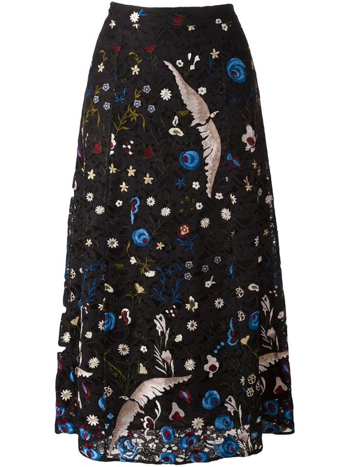 Alice+olivia 'kiera' Embroidered Skirt, Women's, Size: 6, Black, Silk/cotton/nylon/spandex/elastane