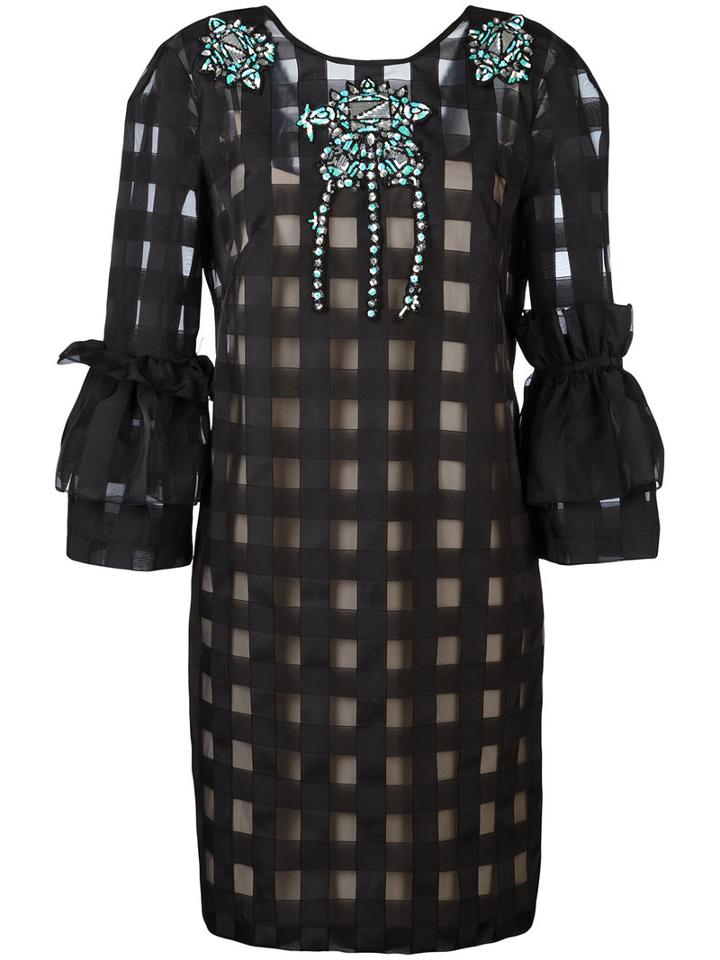 Marco Bologna Grid Puff Sleeve Dress, Women's, Size: 46, Black, Polyester