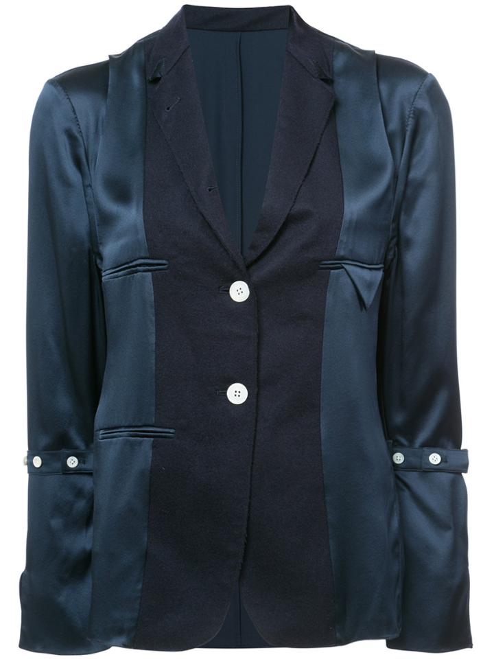 Thom Browne Reconstructed Jacket Blouse In Navy Silk Charmeuse - Blue