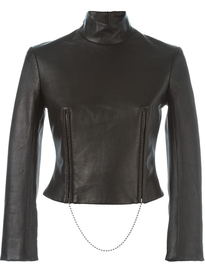 Alexander Wang Cropped Funnel Neck Top, Women's, Size: 4, Black, Lamb Skin/polyester/spandex/elastane