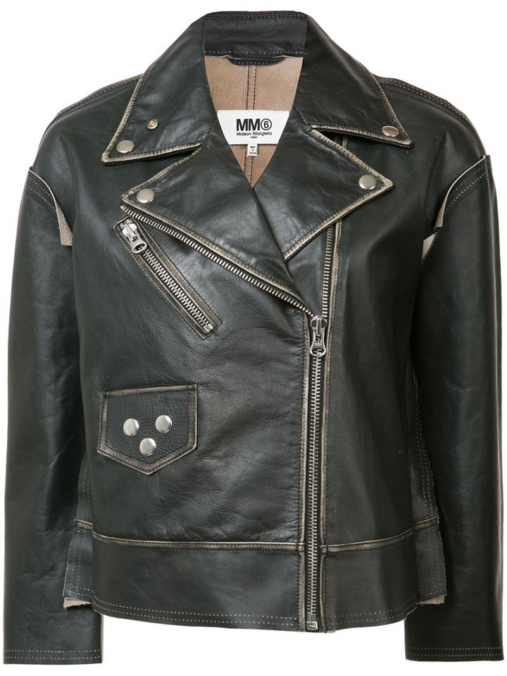 Mm6 Maison Margiela Zipped Biker Jacket, Women's, Size: 38, Black, Leather