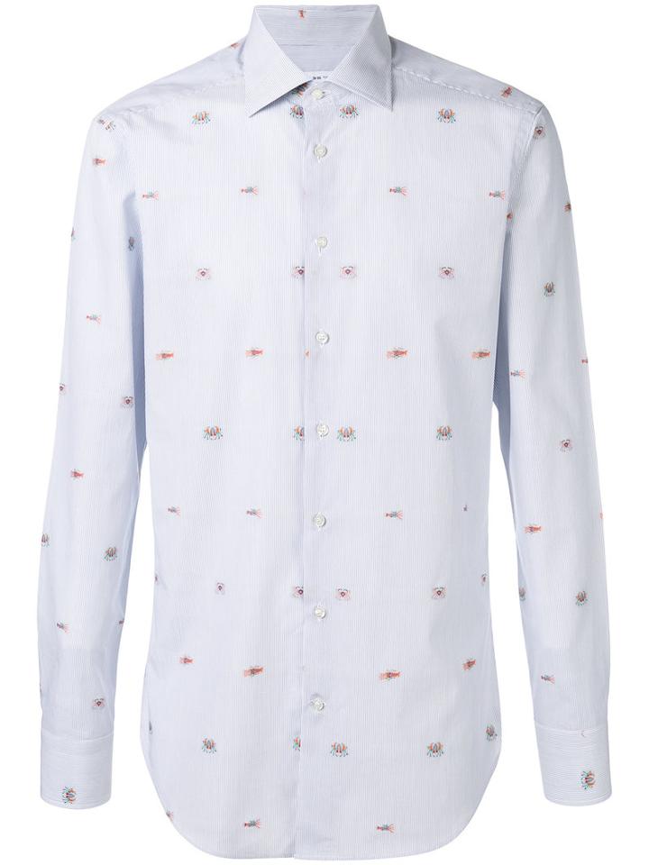 Etro Crab Embroidery Striped Shirt, Men's, Size: 39, Blue, Cotton