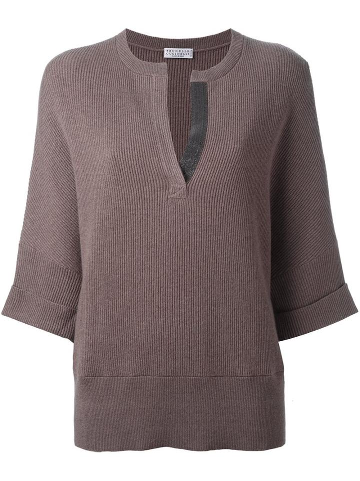 Brunello Cucinelli Split Neck Knitted Sweater, Women's, Size: Large, Nude/neutrals, Cashmere