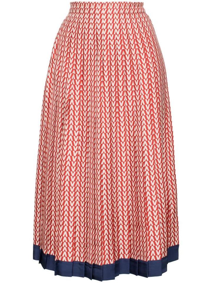 Valentino Garavani V Print Pleated Silk Midi Skirt - Red