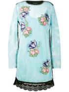 House Of Holland - Floral Embroidered Mesh Dress - Women - Cotton/polyester - 10, Blue, Cotton/polyester
