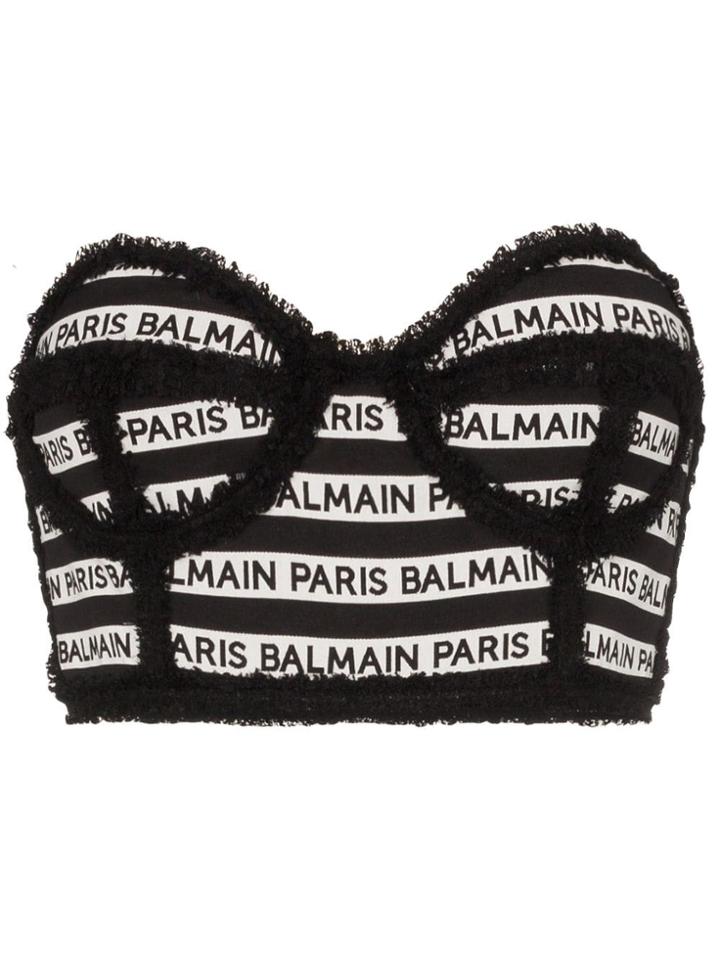 Balmain Stripe Logo Cropped Bustier Top - Black