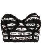 Balmain Stripe Logo Cropped Bustier Top - Black