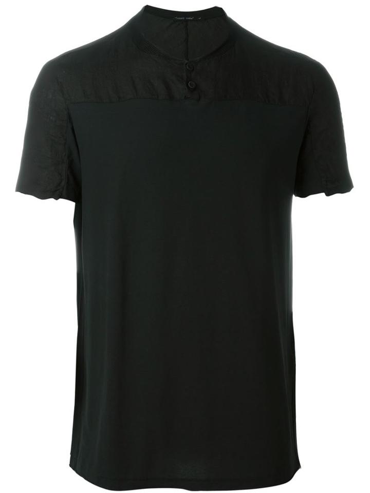 Transit Wrinkled Panel Buttoned Collar T-shirt, Men's, Size: S, Black, Linen/flax/cotton/viscose