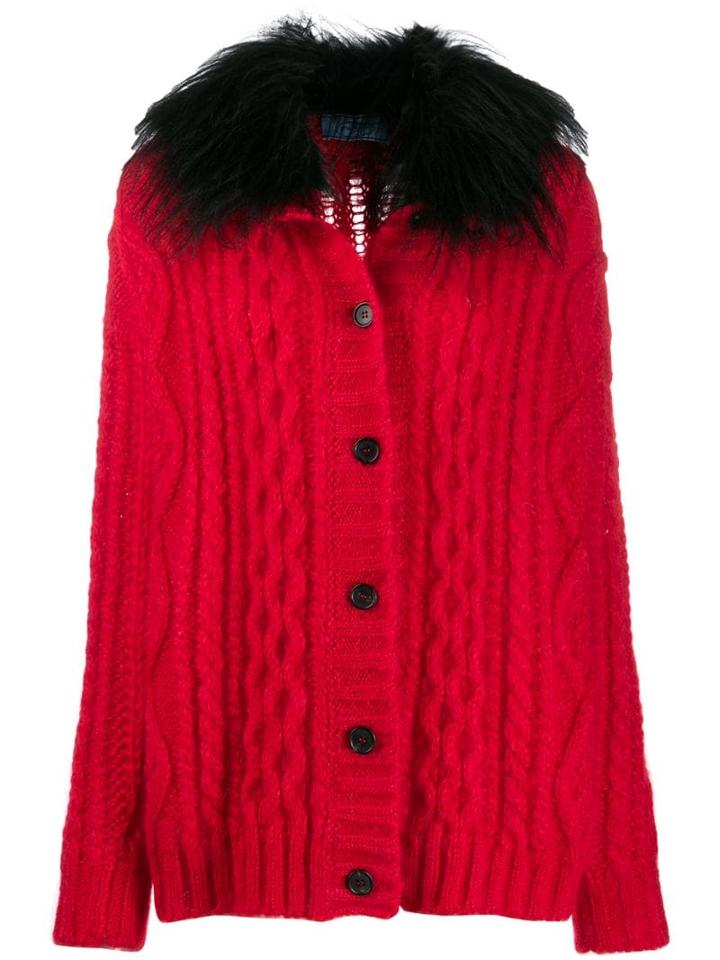Prada Furry Collar Knitted Cardigan - Red