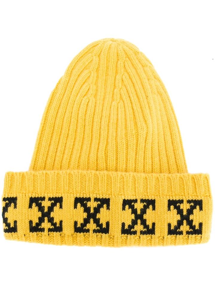 Off-white 'arrow' Print Ribbed Beanie, Women's, Size: Medium, Yellow/orange, Polyamide/viscose/cashmere/wool