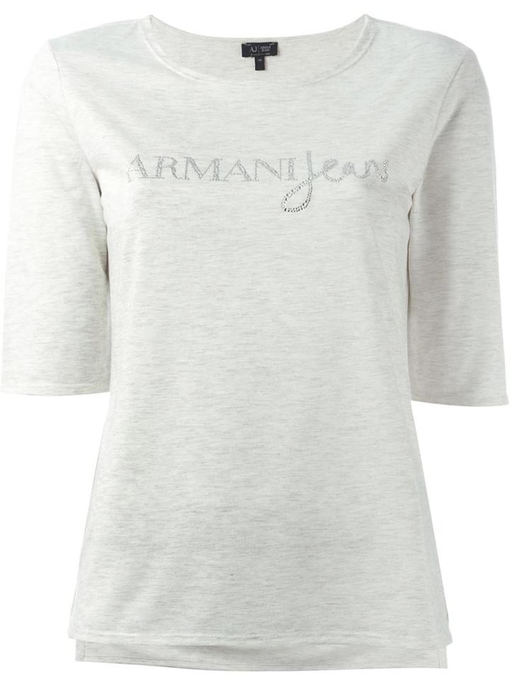 Armani Jeans Strass Embellished Logo T-shirt, Women's, Size: 50, Nude/neutrals, Polyester/viscose/metallic Fibre