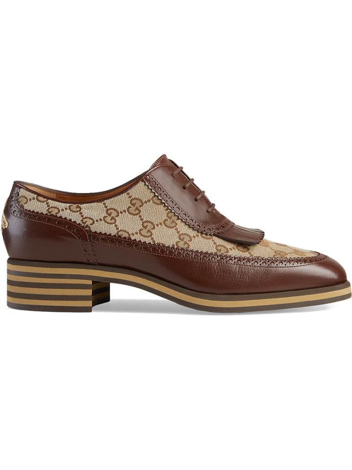 Gucci Leather And Gg Brogue Shoes - Brown