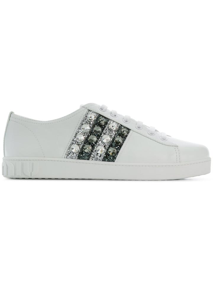 Miu Miu Glittery Stripes Lace-up Sneakers - White