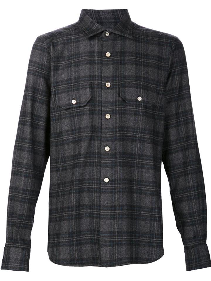 Kiton Plaid Button Down Shirt, Men's, Size: Xl, Grey, Cashmere