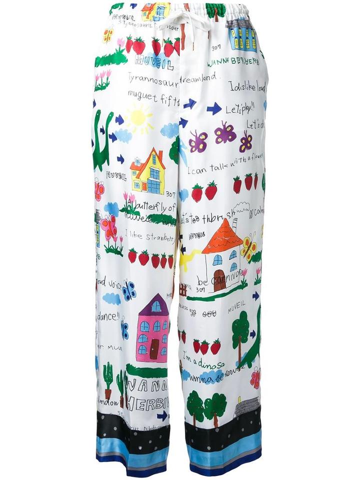 Muveil Illustration Print Drawstring Trousers, Women's, Size: 38, White, Polyester