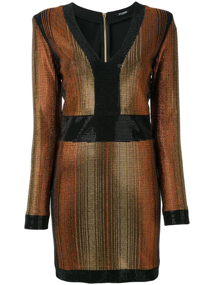 Balmain Stone Encrusted Fitted Dress - Metallic