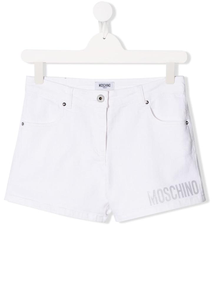 Moschino Kids Teen Logo Print Denim Shorts - White
