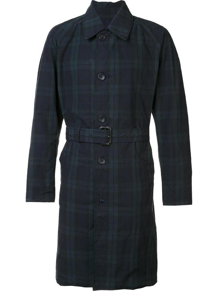Engineered Garments Checked Trench Coat, Men's, Size: Large, Blue, Cotton