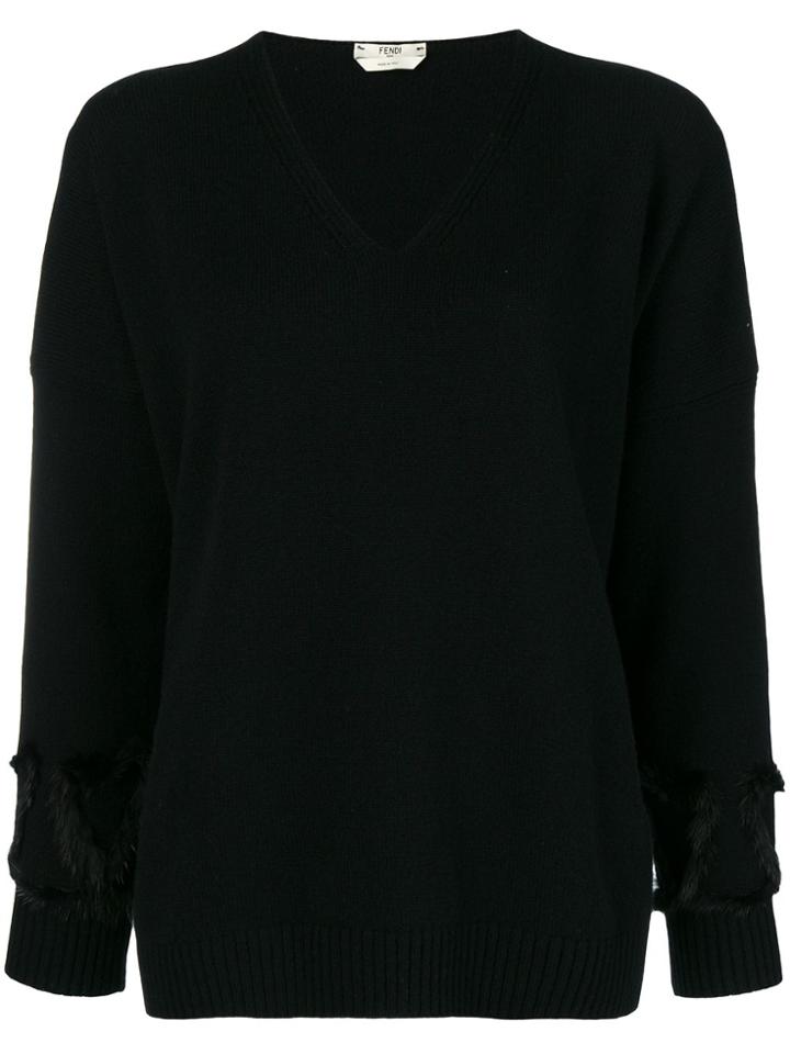 Fendi Embellished V-neck Knit Sweater - Black
