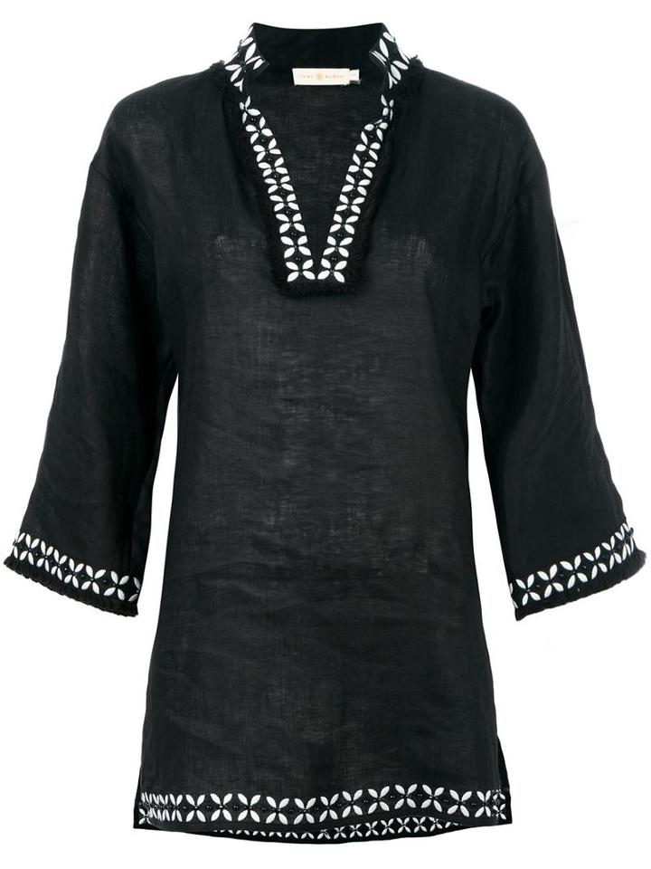 Tory Burch Split Neck Tunic Top, Women's, Size: Xs, Black, Linen/flax/polyester