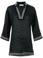 Tory Burch Split Neck Tunic Top, Women's, Size: Xs, Black, Linen/flax/polyester
