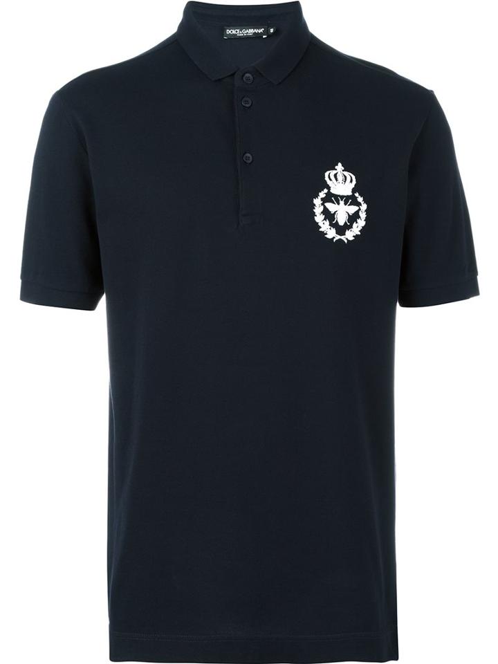 Dolce & Gabbana Embroidered Crown & Bee Polo Shirt, Men's, Size: 50, Blue, Cotton