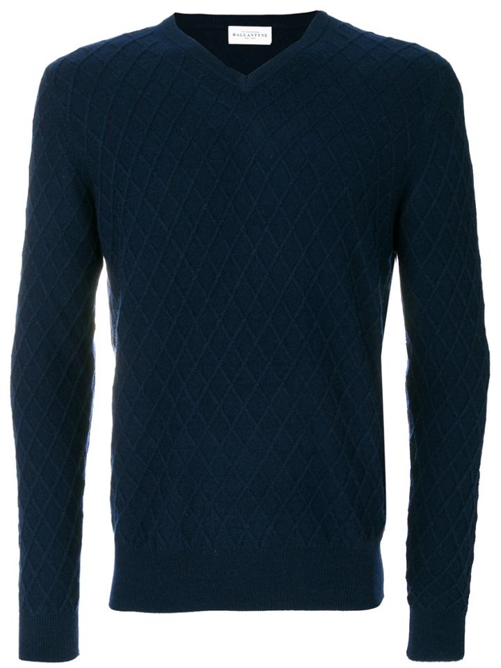 Ballantyne Lattice V-neck Jumper - Blue