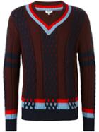 Kenzo Striped Trim V-neck Jumper, Men's, Size: Large, Red, Wool