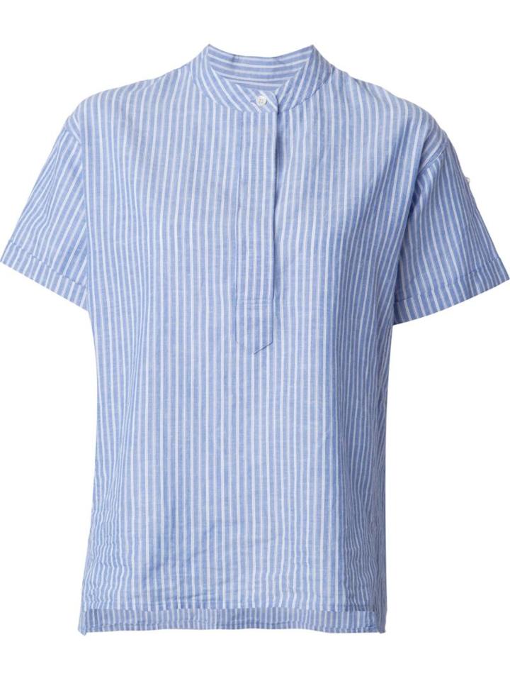 Closed Striped Short Sleeve Blouse, Women's, Size: Small, Blue, Cotton/linen/flax