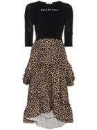 Balenciaga Athletic Top Leopard Print Ruffle Dress - Black