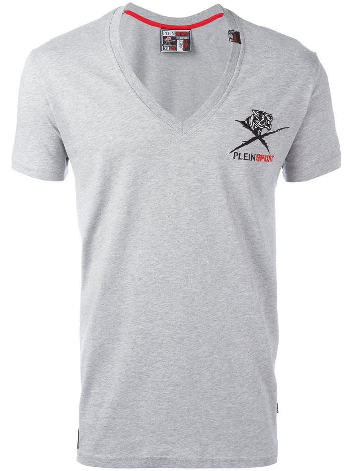 Plein Sport V-neck T-shirt, Men's, Size: Small, Grey, Cotton