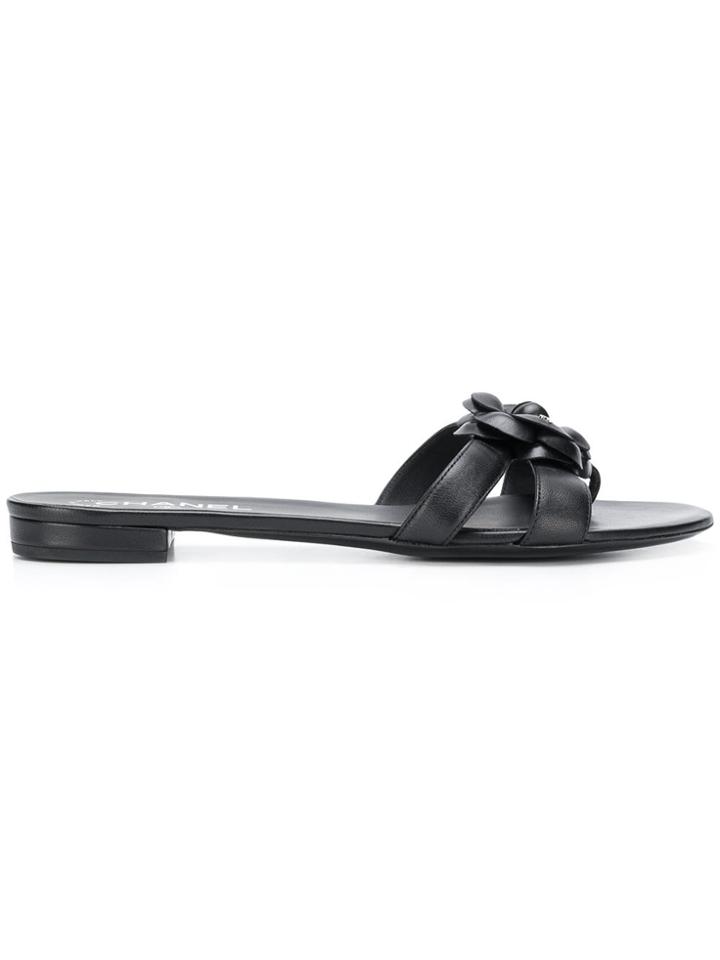Chanel Vintage Camellia Flat Slides - Black