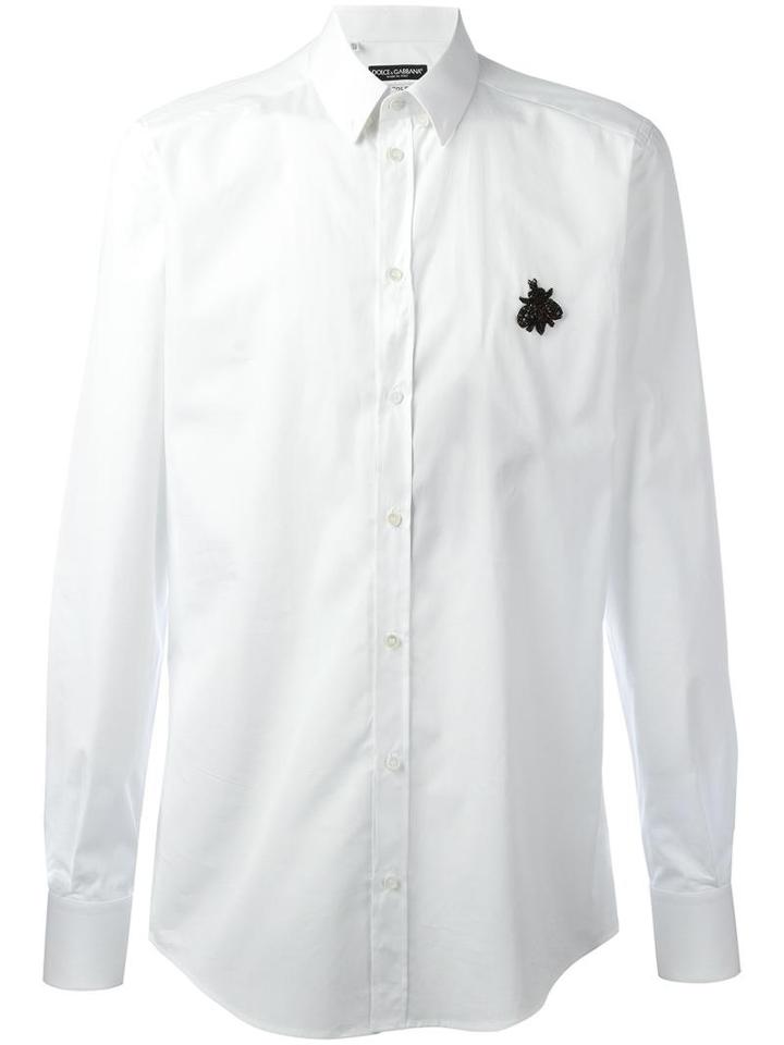 Dolce & Gabbana Embroidered Bee Shirt, Men's, Size: 43, White, Silk/cotton/polyester/glass