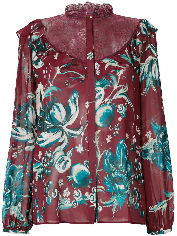 Roberto Cavalli - Floral Embroidered Blouse - Women - Silk/cotton/polyamide - 44, Brown, Silk/cotton/polyamide