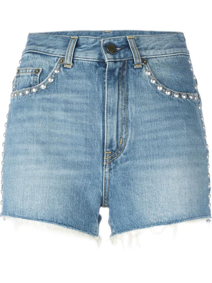 Saint Laurent Studded Denim Shorts, Women's, Size: 24, Blue, Cotton