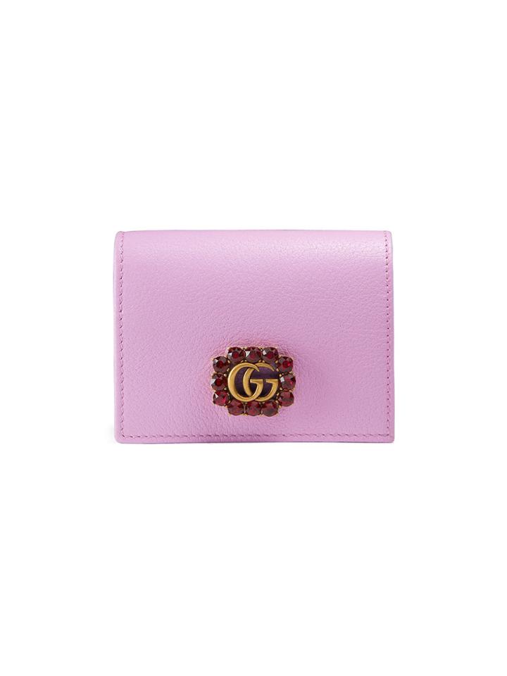 Gucci Leather Card Case With Double G And Crystals - Pink & Purple