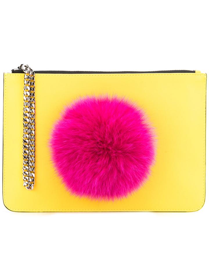 Les Petits Joueurs - Pompom Clutch - Women - Nappa Leather/rabbit Fur - One Size, Women's, Yellow/orange, Nappa Leather/rabbit Fur