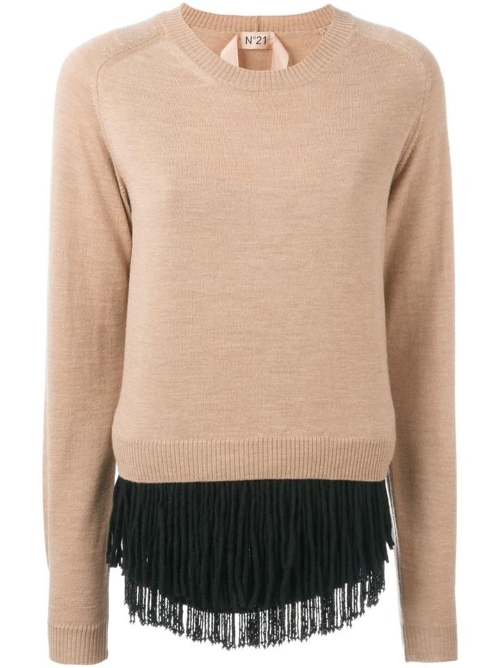 No21 Fringed Crew Neck Jumper, Women's, Size: 44, Nude/neutrals, Silk/acetate/virgin Wool
