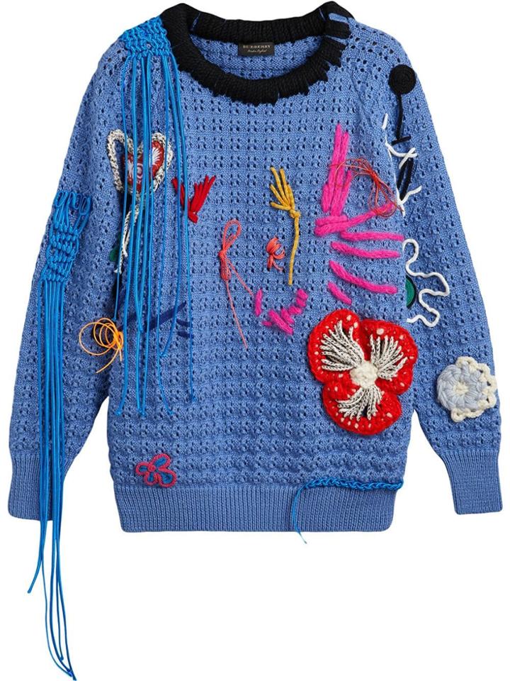Burberry Embellished Wool Lace Sweater - Blue