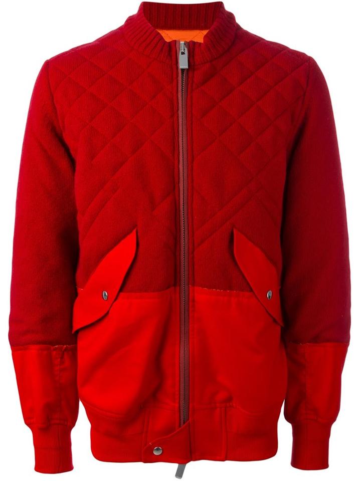 Sacai Panelled Bomber Jacket, Men's, Size: 4, Red, Cotton/polyester/cupro/wool
