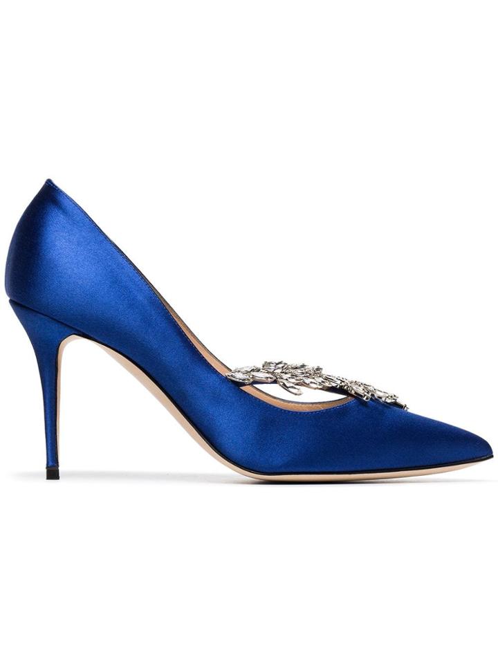 Manolo Blahnik Blue Nadira 90 Satin Ribbon Crystal Pumps