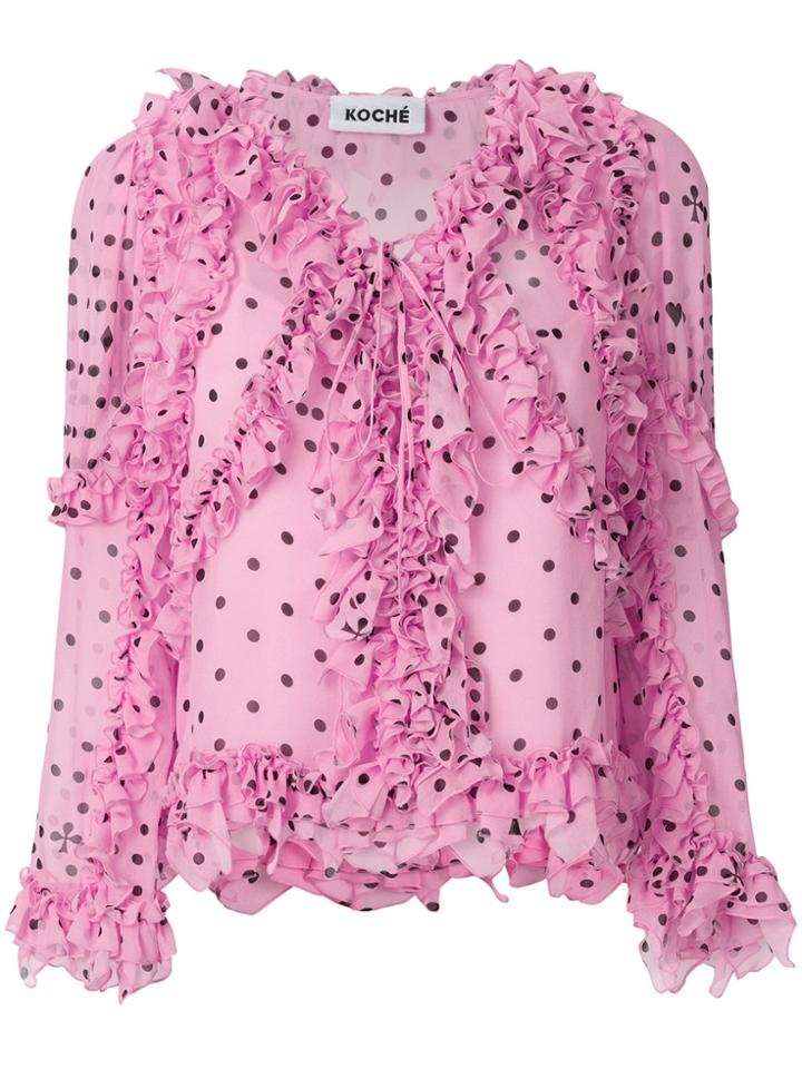 Koché Polka Dot Ruffle Blouse - Pink & Purple