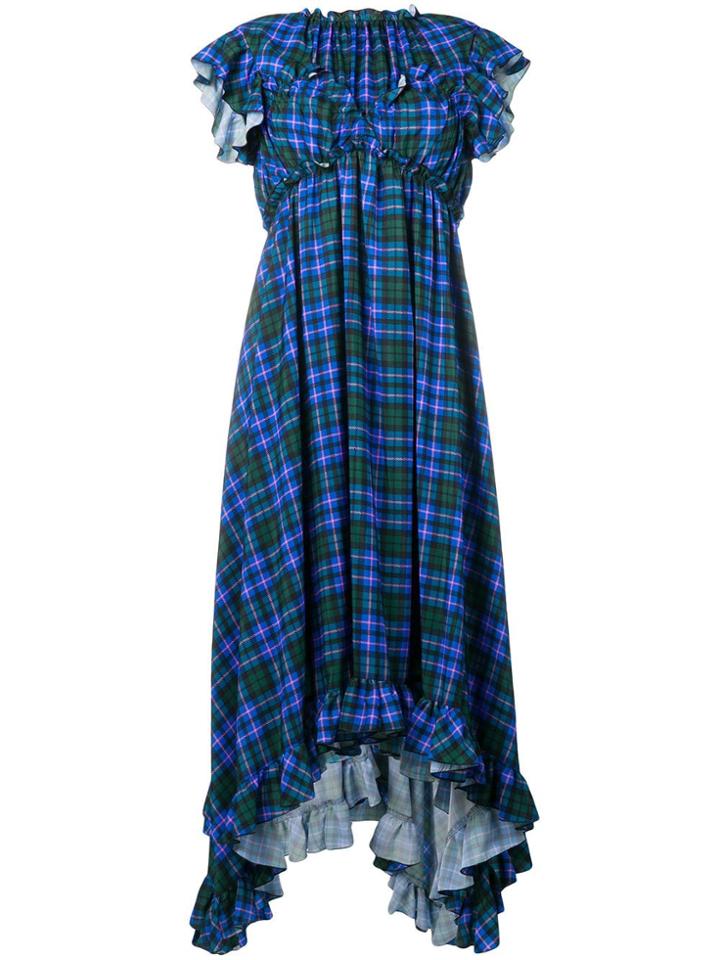 Msgm Check Empire-line Ruffled Dress - Blue