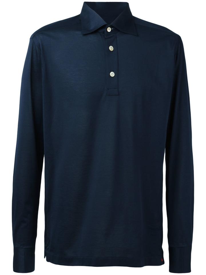 Kiton Long Sleeve Polo Shirt, Men's, Size: Medium, Blue, Cotton